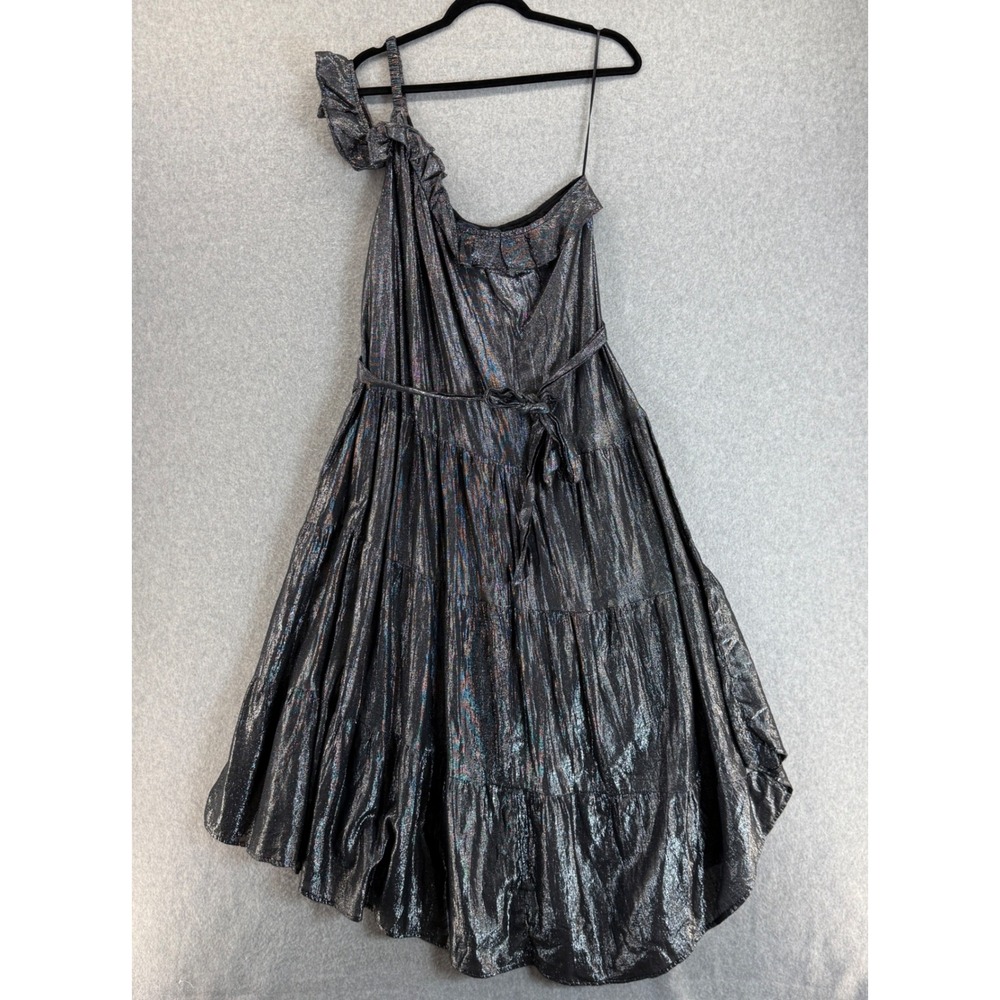 Maeve Anthropologie Metallic Silver One Shoulder Dress Ruffle Tie Waist Large